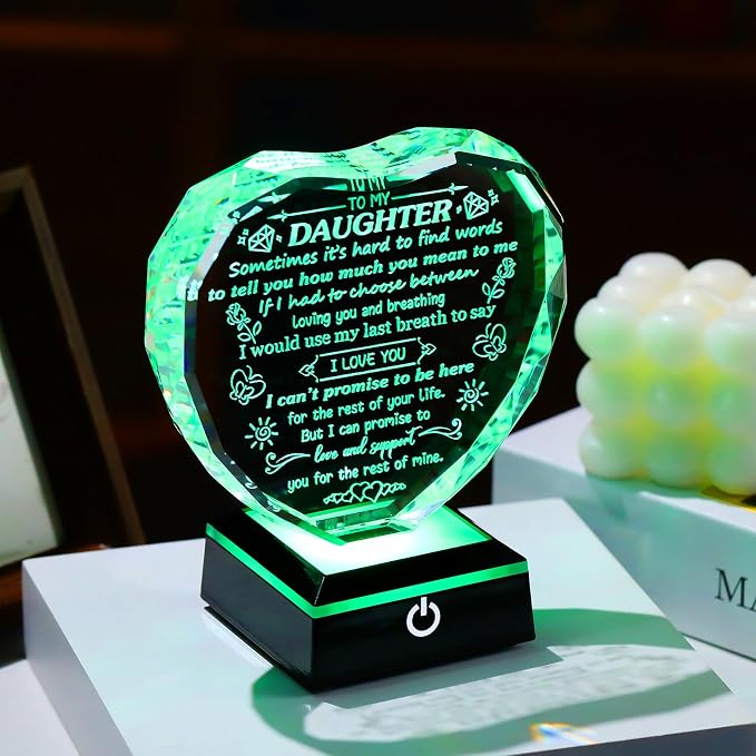 Arikyrist Daughter Gifts from Mom Dad Heart Shaped Crystal Plaque for Daughter with LED Light Base Birthday Graduation Weddind Gifts for Daughter