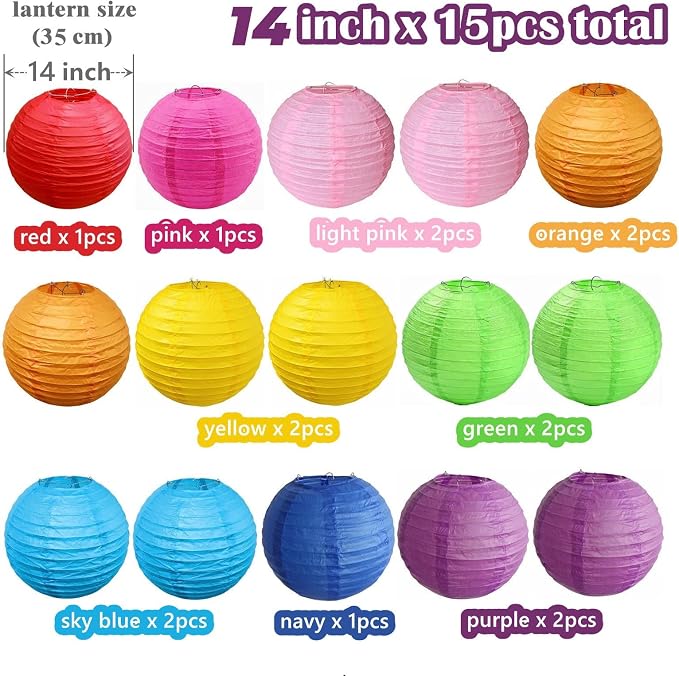 15pcs Colorful Paper Lanterns for Outdoor Indoor Party Decoration (14 inch)