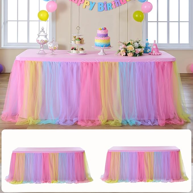2 pk 6ft Rainbow Tulle Tablecloth for Rectangle Tables, 2-in-1 Pastel Color Table Covers with Tulle Skirt,Wrinkle Free Stretchy Ruffle Tulle Table Cloths Fitted for Wedding Party Banquet Vendor