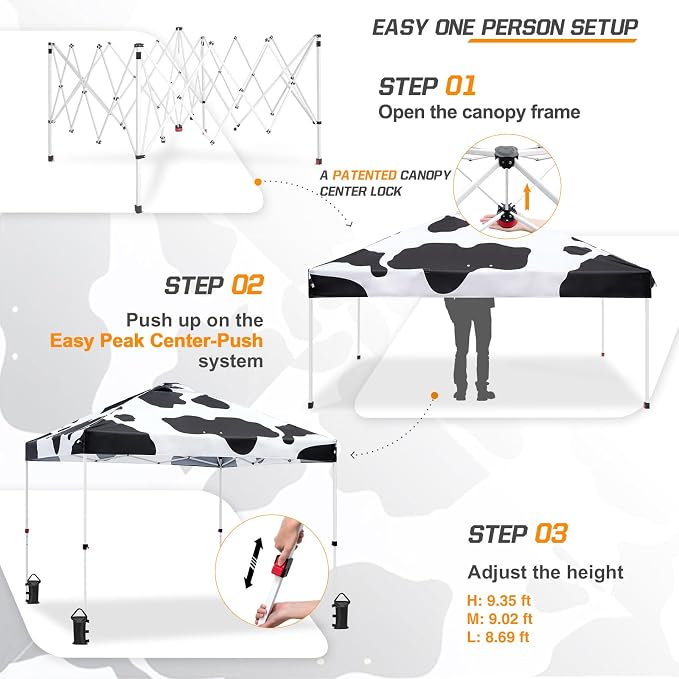 EAGLE PEAK Pop Up Canopy Tent with Wheeled Carry Bag, 8 Stakes, 4 Ropes, 4 Weight Bags, Easy Set Up Tent Canopy, 10x10 ft, 100sqft of Shade, Cow Print