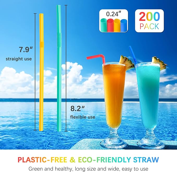 Plasticless 100 PCS Disposable Drinking Straws, Eco Friendly Straws Drinking Plastic Free Colorful Flexible Bendable Corn-based Organic Compostable Biodegradable Straws for Party Travel 8.2" Long