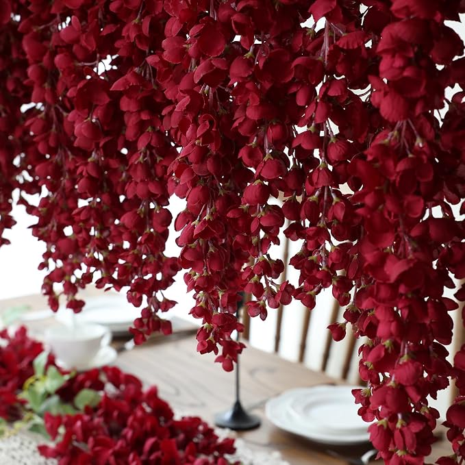 mizii 6Pcs Burgundy Wisteria Hanging Flowers 48" Silk Wisteria Artificial Flowers Garland Vines Fake Hanging Flower Decoration for Wedding Wall Backdrop Centerpieces Party Room Decor (Burgundy Red)