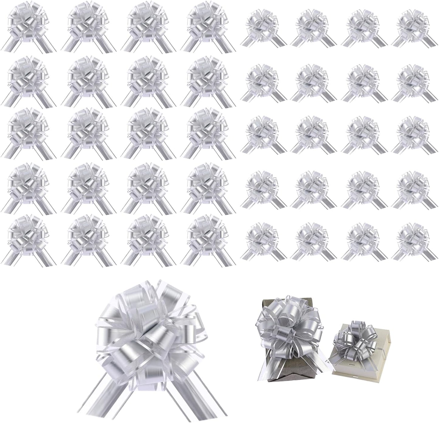 40 Pieces 6 Inches and 3 Inches Pull Bow Wrapping Pull Bow Ribbon Pull Bows for Wedding Baskets,Large Bows for Presents. (Silver)