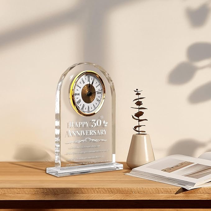 30th Wedding Anniversary Clock Gifts for Couples - Elegant Crystal Glass Clock Keepsake for Husband & Wife - Unique Home Decor for 30 Years of Marriage