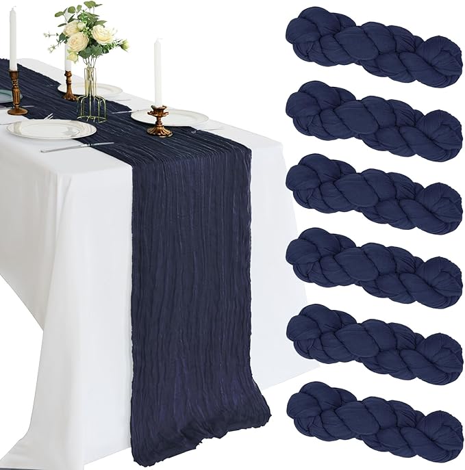 6 Pack 10FT Navy Blue Cheesecloth Table Runner 120 Inch Long Gauze Rustic Boho Spring Cheese Cloth Table Runner Sheer Fabric Decorations for Holiday Party Wedding Banquet Bridal Baby Shower Décor
