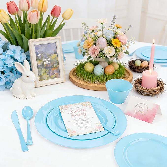 KIRE 150 Piece Blue Plastic Plates Disposable - Blue Dinnerware Set Includes 25 Dinner Plates, 25 Salad Plates, 25 Utensils Set 25 Clear Cups for Birthday/Picnic/Baby Shower/Easter/Spring