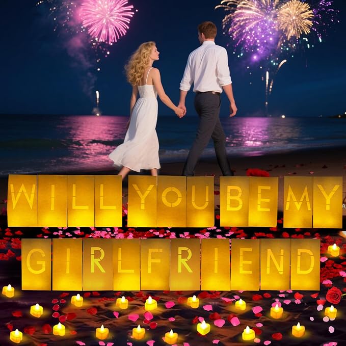 Will You Be My Girlfriend Light Up Letters Luminary Bags, Banner, Romantic Decoration Kit with 30PC Bright LED Candles and 2000PC Fake Rose Petals