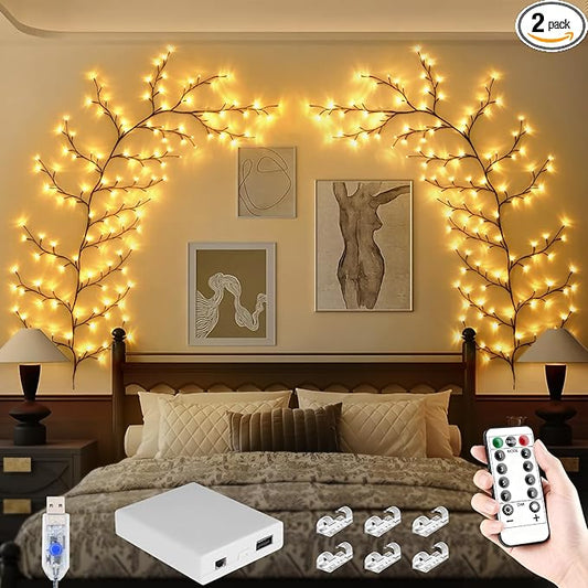 FNHMSL Enchanted Willow Vine Lights 7.55FT 144LED 2 PCS Brown Tree Branch Lights for Wall, Remote Timer,8 Light Model,Bedroom Wall Doors Wedding, Christmas, USB Battery Box