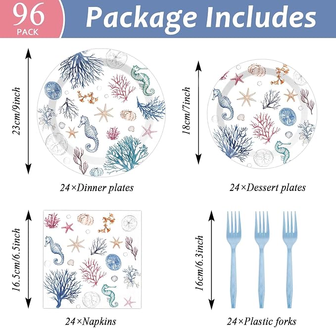 96Pcs Seashell Party Supplies Ocean Beach Birthday Plates and Napkins Blue Coastal Seashell Tableware Beach Disposable Dinnerware for Wedding Baby Shower Birthday Party Decorations for 24 Guests