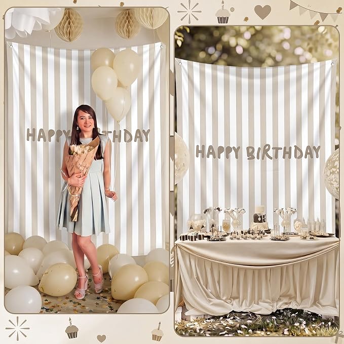 Flutesan 7x5ft Beige Stripe Happy Birthday Backdrop Large Banner Fabric Tapestry Birthday Party Decoration Baby Shower Linen Rustic Background Wall Photo Props Indoor Outdoor
