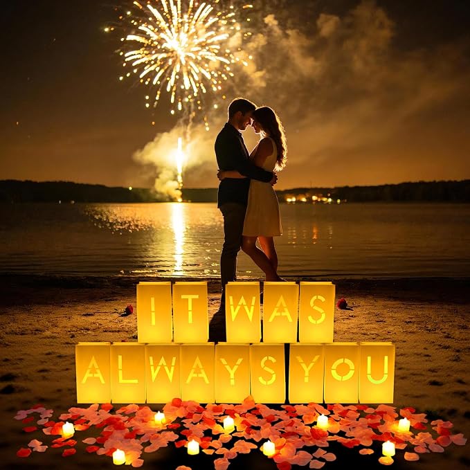 NEXAGEBIUS Valentines Day Decorations It Was Always You Sign Luminary Bags Light Up Letter Set with 2000PC Rose Petals and Candles for Anniversary Romantic Decorations Special Night Decor for Woman Man Girl