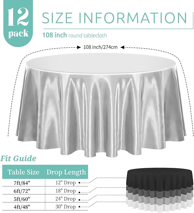 12 Pack Silver Satin Tablecloth, 108 Inch Round Silky Satin Table Cloth, Bright Silk Tablecloth Smooth Fabric Table Covers Overlay Silky Table Decoration for Wedding Party Banquet Birthday