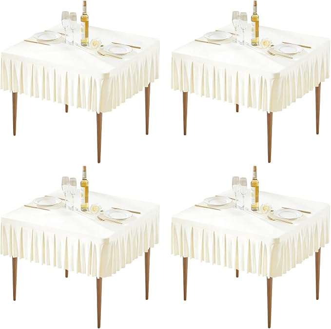 Wish Care 4 Pack Ivory Spandex Tablecloths for 34x34 Inch Square Tables, Stretch Fitted Table Clothes with Pleated Ruffle Skirt for 34” Table, Wrinkle Free and Elastic, for Party Kitchen Home Dining
