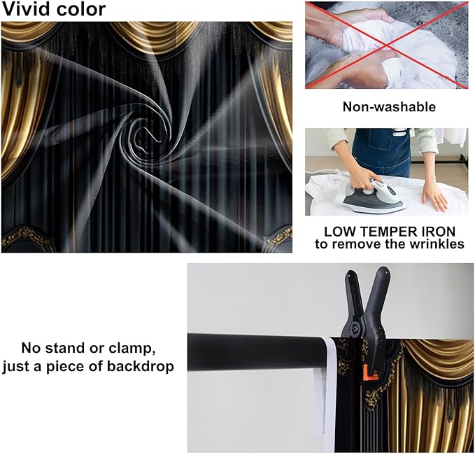 Baocicco Royal Black Wall Backdrops 7x5ft Gold Curtain Luxury Theater Stage Background VIP Shows TV Shows Backdrops Wedding Birthday Party Decors Graduation Ceremony Banner Photo Studio Props