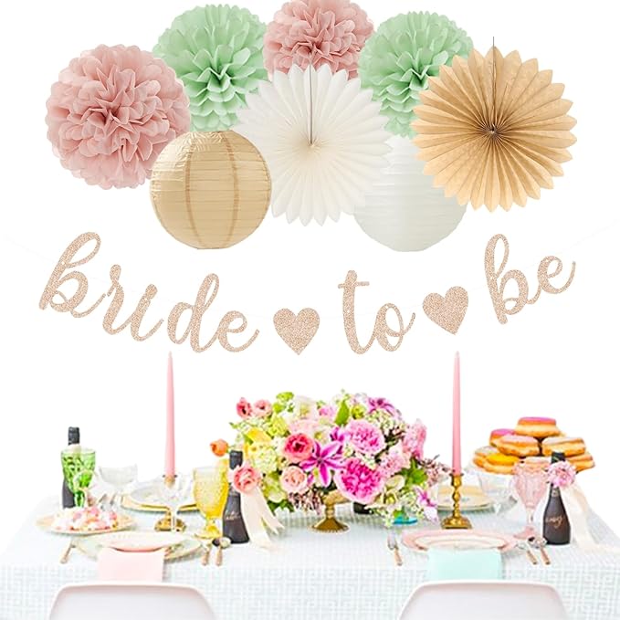 Sage-Green Pink-Beige Bridal-Shower Party-Decorations - 36pcs Bride to Be Banner,Bachelorette Paper Lanterns,Neutral Wedding Streamers Garland,Boho Tissue Pom Poms Flower Fan Decor Supplies Burgleda