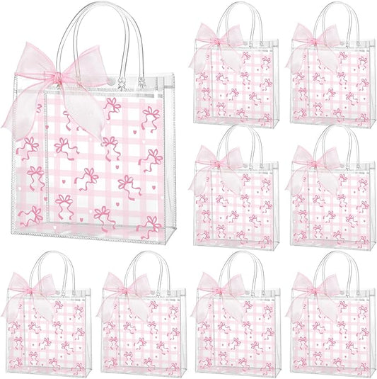 Wesnoy 24 Pcs Pink Bow Clear PVC Gift Bags with Handle Coquette Bowknot Party Favor Pink Plaid Bow Candy Treat Tote Bags for Birthday Party