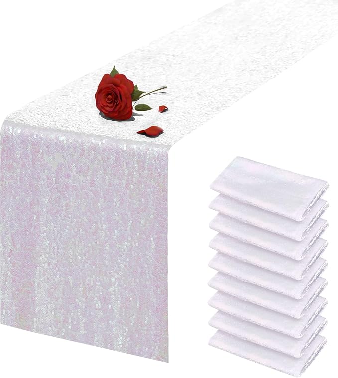 10 Packs 12 x 72 inches Iridescent Sequin Table Runner, Glitter Runner for Birthday Party Supplies Wedding Holiday Celebration Baby Shower Engagement Anniversary Decor