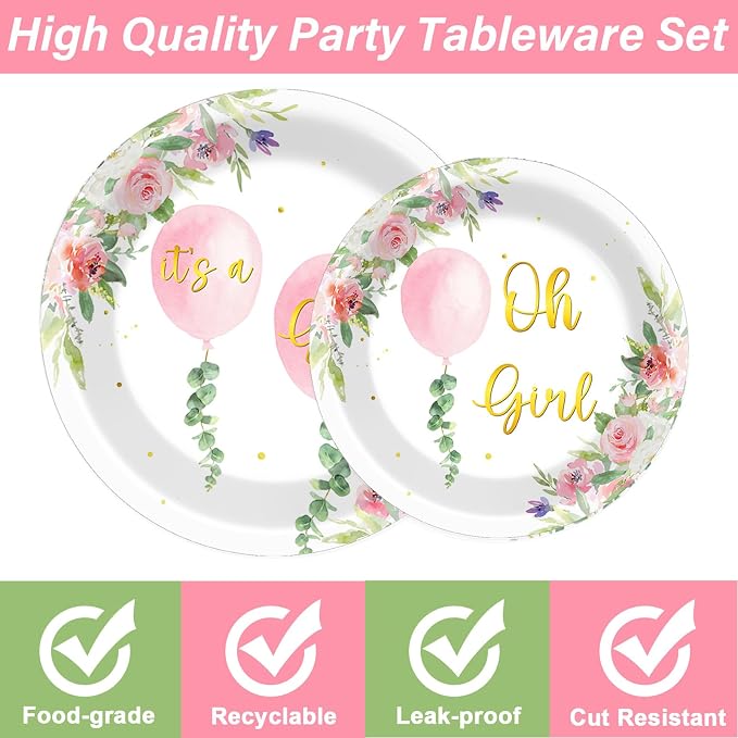 96Pcs Oh Girl Watercolor Pink Balloon Party Supplies Greenery Girl Baby Shower Tableware Set Pink Flower Party Favor Birthday Baby Shower Parties Plates and Napkins Table Decorations for 24 Guests