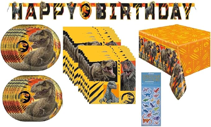 Jurassic World Fallen Kingdom Dinosaur Birthday Party Supplies Decoration Bundle Pack Includes Dessert Cake Paper Plates, Napkins, Table Cover, Happy Birthday Banner - Serves 16