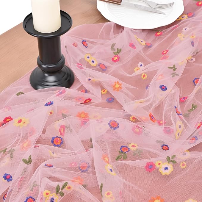 Joanlody Blushing Pink Summer Flower Table Runner 10ft Embroidery Daisy Floral Seasonal Tulle Table Runner for Home Garden Tea Party Holiday Birthday Decoration