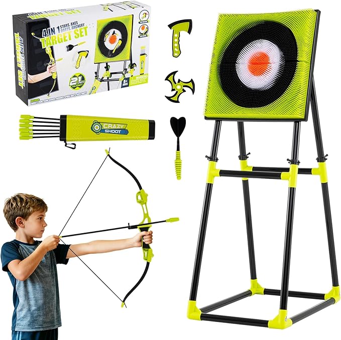 Costzon Axe Throwing Target Game for Backyard, 4 in 1 Kids Throwing Game w/5 Arrows, 3 Throwing Axes, 3 Ninja Darts, 3 Darts, Bristle Target & a Bow -Boys & Girls Indoor Outdoor Carnival Game Gifts