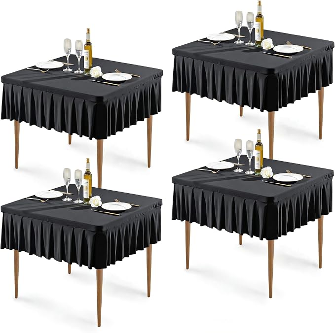 Wish Care 4 Pack Black Spandex Tablecloths for 34x34 Inch Square Tables, Stretch Fitted Table Clothes with Pleated Ruffle Skirt for 34” Table, Wrinkle Free and Elastic, for Party Kitchen Home Dining