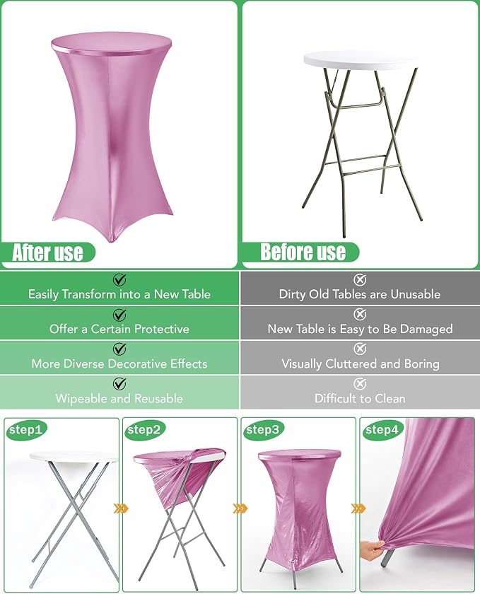 Cocktail High Top Table Covers - 32x43 Inch Fitted Spandex Round Cocktail Tablecloth for Bar Height Standing Table Cloths Reusable, for Party Wedding Banquet Event Decorations, Shiny Pink, 8 Pack