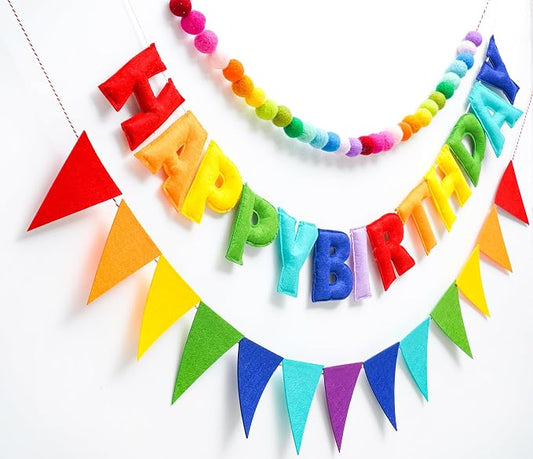 3 Pcs Pre-Strung Happy Birthday Banner, Felt Ball Garland, Pennant Triangle Flags, Rainbow Party Decorations, HAPPY BIRTHDAY Garland, Personalized Holiday Sign for Birthday Decor, Party Supplies, Photo Prop ( Felt Banner + Pennant Flags + Rainbow Balls)