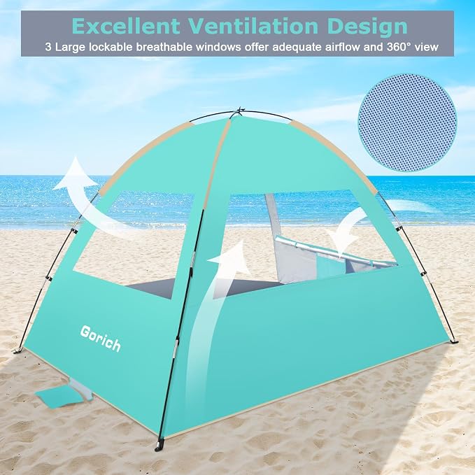 Gorich Beach Tent Sun Shelter for 3/4/6/8/10 Person with UPF 50＋ UV Protection, Lightweight & Easy Setup Beach Shade Canopy, Portable Beach Shade Tent Beach Cabana
