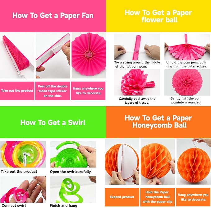 24 Pcs Neon Party Decorations Glow in the Dark Party Supplies | UV reactive fluorescent paper in pink, orange, yellow and green; paper fans, pom poms, honeycomb balls, banner and garland