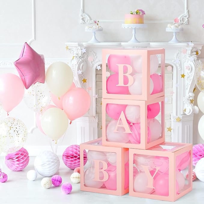 Baby Boxes with Letters for Baby Shower, Baby Shower Decorations with 4 Transparent Balloon Boxes for Girl Baby Shower Gender Reveal Decorations(Pink)