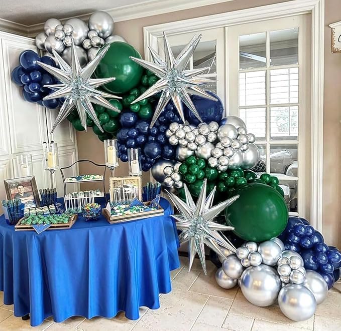 Navy Blue Green Silver Balloon Garland Double Stuffed Dark Green Silver Forest Navy Balloon Metallic Arch Kit for Birthday Football Game Dinosaur Graduation Party Decoration