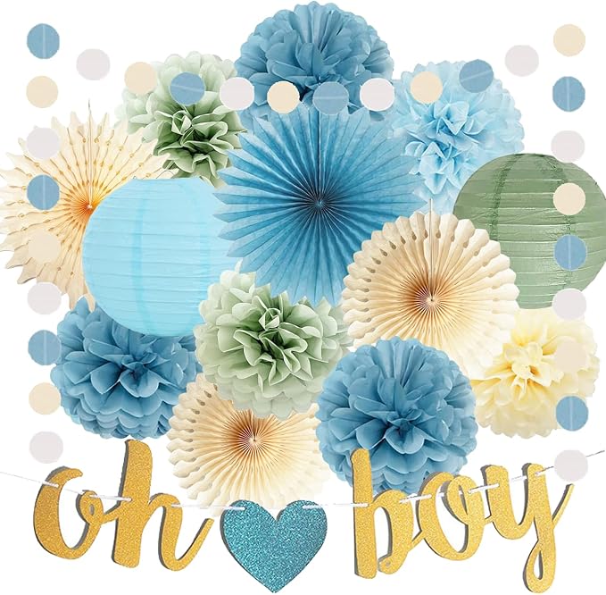 Dusty Blue Sage Green Baby Shower Decorations Oh Boy Banner Light Blue Tissue Pom Poms Flowers Beige Paper Fans Lantern Circle Dot Garlands for Birthday Boho Baby Boy Shower Party Decorations