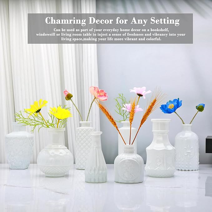 White Flower Vase Set, Glass Bud Vase in Bulk Set of 8,Artistic and Cultural Flavor Mini Vases for Home Office Decor, Bedroom, Office, Living Room Decorations,Wedding