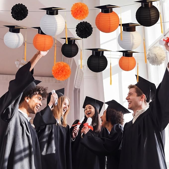 Gilprop 15 Pcs Black and Orange Graduation Decoration 2026 Paper Lanterns Graduation Party Decorations Hanging Round Paper Lanterns with Black Grad Hat Tassel for Congratulation Grad Decorations