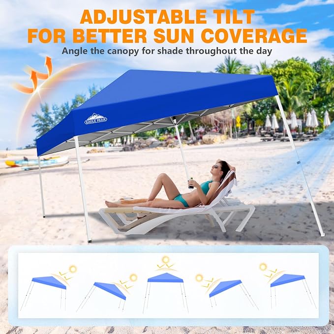 EAGLE PEAK 10x10 Slant Leg Pop-up Canopy Tent Easy One Person Setup Instant Outdoor Beach Canopy Folding Portable Sports Shelter 10x10 Base 8x8 Top (Blue)