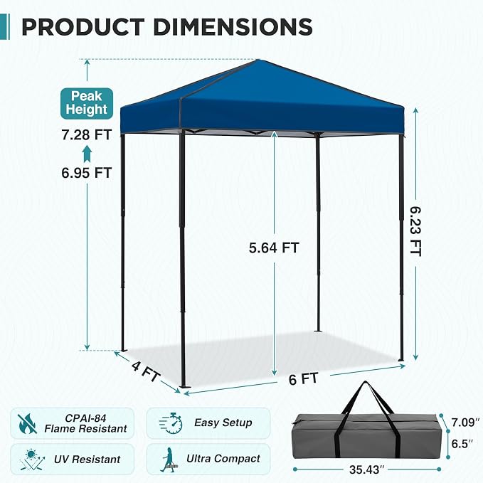 EAGLE PEAK 6x4 Instant Pop Up Canopy Tent, Straight Leg Sun Shelter, Portable Canopy with Carry Bag for Camping, Beach & Sports, Dark Blue