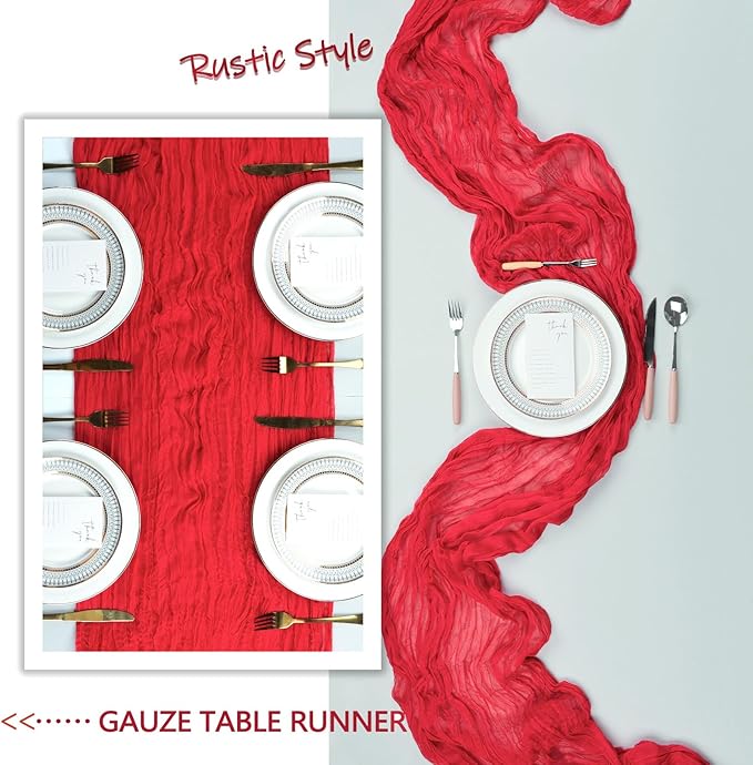 12 Pack Red Cheesecloth Table Runner 10Ft Spring Gauze Cheese Cloth Table Runner 35x120 Inch Boho Sheer Rustic Fabric for Holiday Party Decor Baby Shower Wedding Decorations