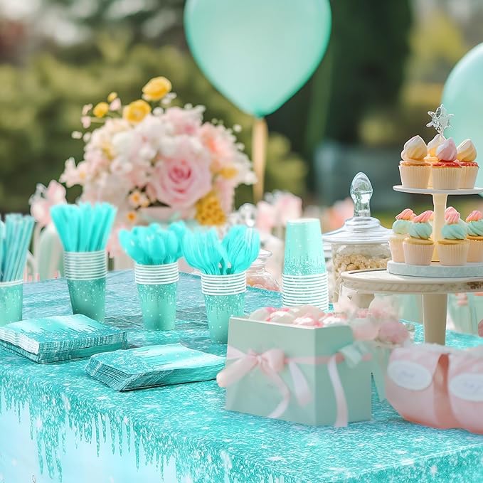 Funnymoom 452 Pcs Teal and Silver Birthday Party Decoration, Glitter Teal Paper Plates and Napkins Cups Tablecloth Cutlery Straws Turquoise Disposable Tableware Set for Women Birthday Supplies