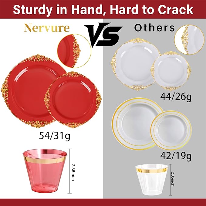 Nervure 175PCS Red Plastic Plates - Disposable Red Gold Party Plates & Pre Rolled Napkins with Cutlery for 25 Guests, 50Plates, 75Silverware, 25Cups, 25Napkin for Wedding & Party & Mothers Day