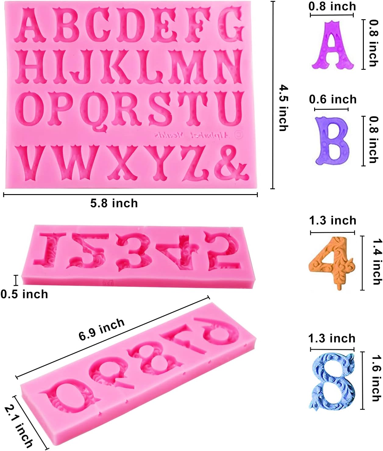 Silicone Fondant Molds, AIMEIKI 3 Pack 3D Silicone Number 0-9 Alphabet A-Z Embossed Fondant Chocolate Baking Molds for Decorating Birthday Cake Candy Chocolate DIY Craft Projects