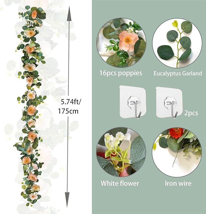5.74 FT Artificial Poppies Flower Garland, Floral Garland Greenery Vines with Eucalyptus Hanging Flowers Vines for Home Wedding Mantle Table Outdoor Decor (Coral)