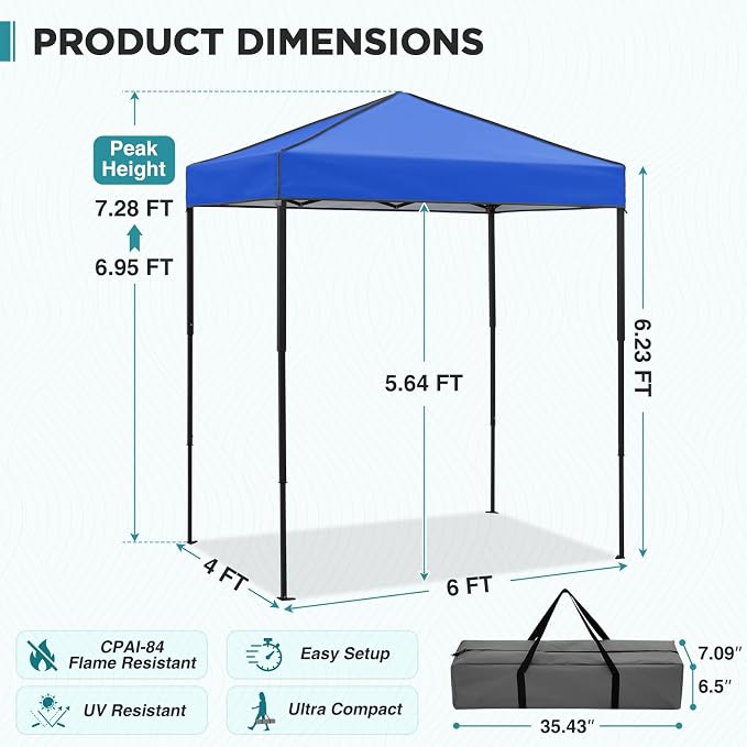 EAGLE PEAK 6x4 Instant Pop Up Canopy Tent, Straight Leg Sun Shelter, Portable Canopy with Carry Bag for Camping, Beach & Sports, Blue