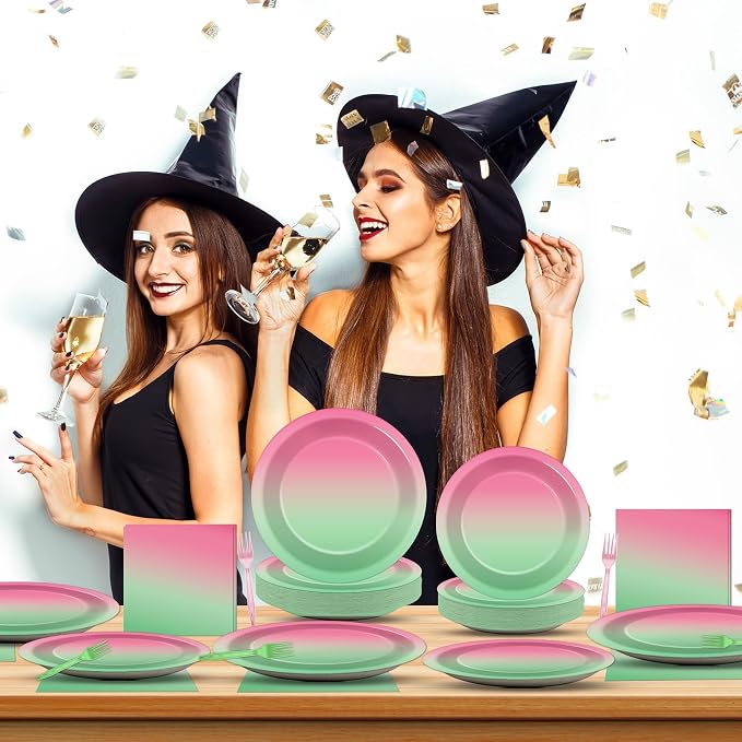 96Pcs Witch Birthday Party Decorations Gradient Pink and Green Tableware Witch Theme Paper Plates Napkins Forks Movie Dinnerware Party Supplies for Women Girls Birthday Baby Shower Serves 24 Guests