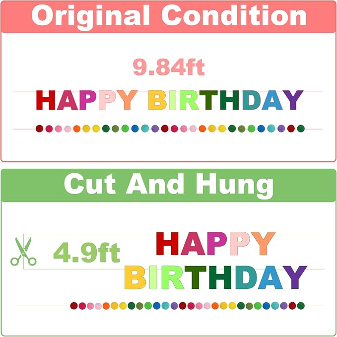 2 PCS Pre-Strung 3D Felt Happy Birthday Banner - Reusable Rainbow Happy Birthday Decorations Sign, Felt Ball Garland, Pom Pom Garland, Party Decor, Photo Prop (RAINBOW)