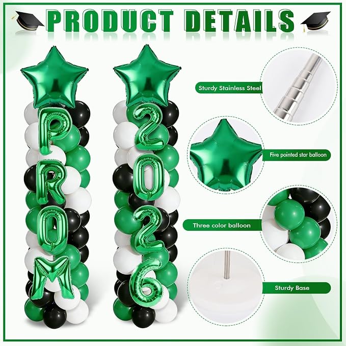 2 Set Green White Black Balloons Column Stand Kit Adjustable Tower Stand from 1.4 to 6.6 ft with Bases for Back to School Wedding Birthday Baby Shower Party