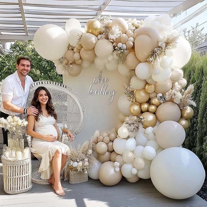 White Sand Gold Balloon Arch - Double Stuffed Matte Cream Nude Beige White Pastel Neutral Balloon Garland Kit for Boho Baby Shower Birthday Gender Reveal Bridal Wedding Valentines Easter Party