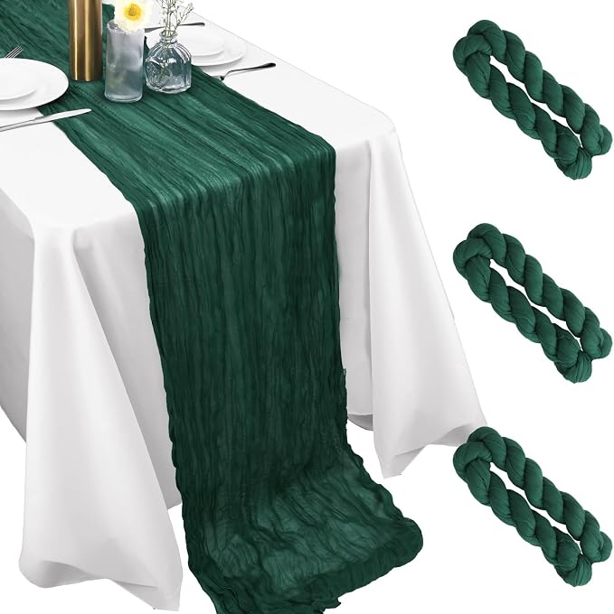 6 Pack Dark Green Cheesecloth Table Runner 120 Inch 10FT Cheese Cloth Runners for Spring Holiday, Baby Shower, Jungle Theme Party
