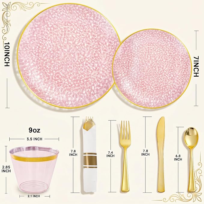 175PCS Pink Plastic Plates for 25 Guests, Disposable Plates for Party, Heavy Duty Disposable Plate Set Include: 25 Dinner Plates, 25 Dessert Plates, 25 Cups and Cutlery for Mother's Day