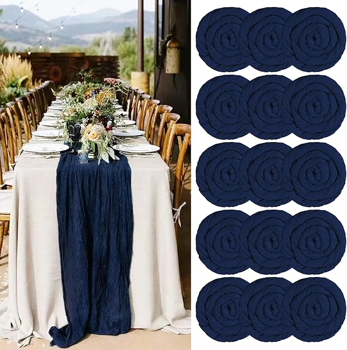 15 Packs Cheesecloth Table Runner - Navy Blue, 10 Ft Dark Blue Rustic Gauze Boho Wedding Table Runner Decoration, 21.5x120in